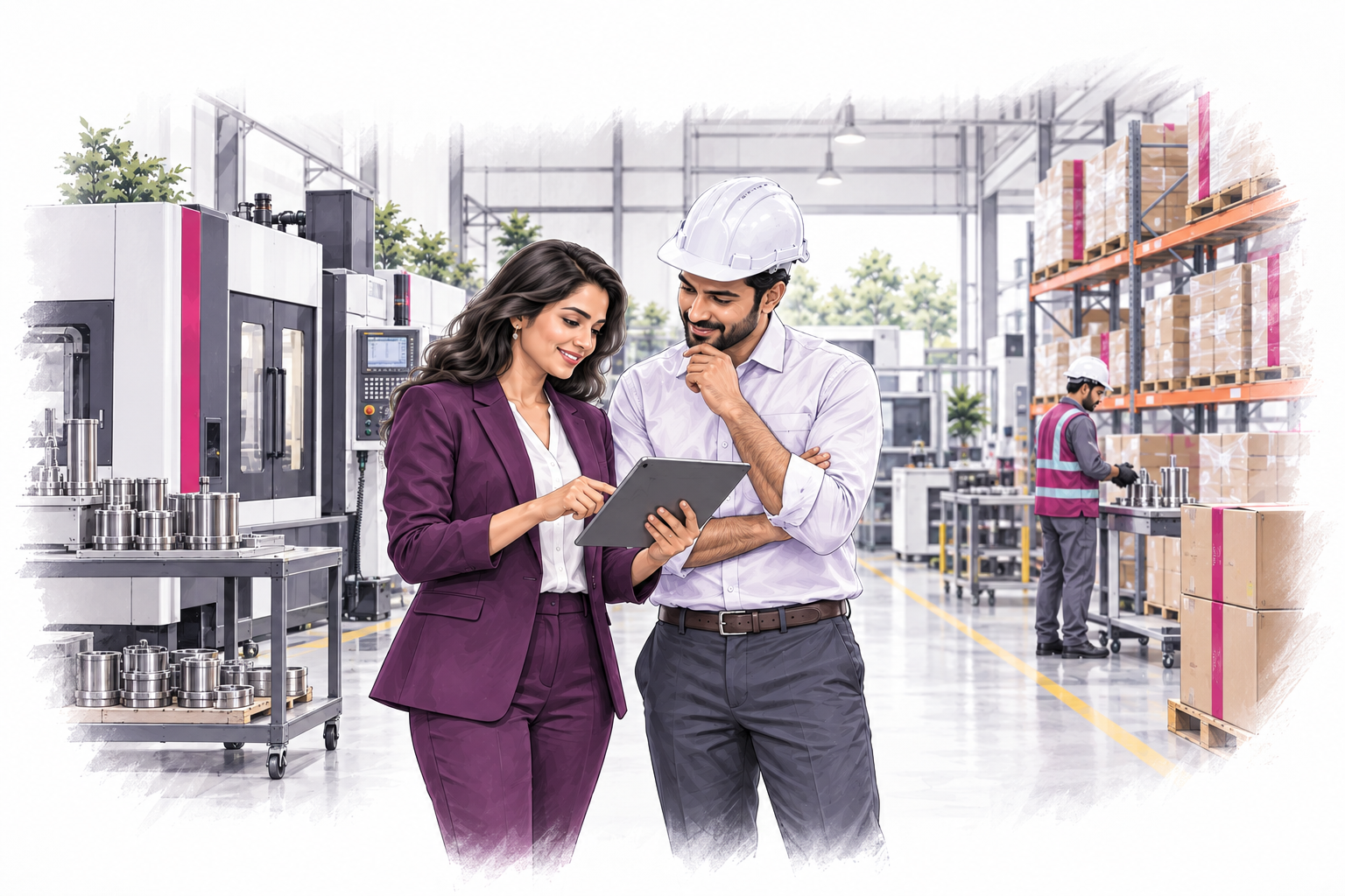 Illustration of a business owner and engineer reviewing a tablet in a modern workshop.