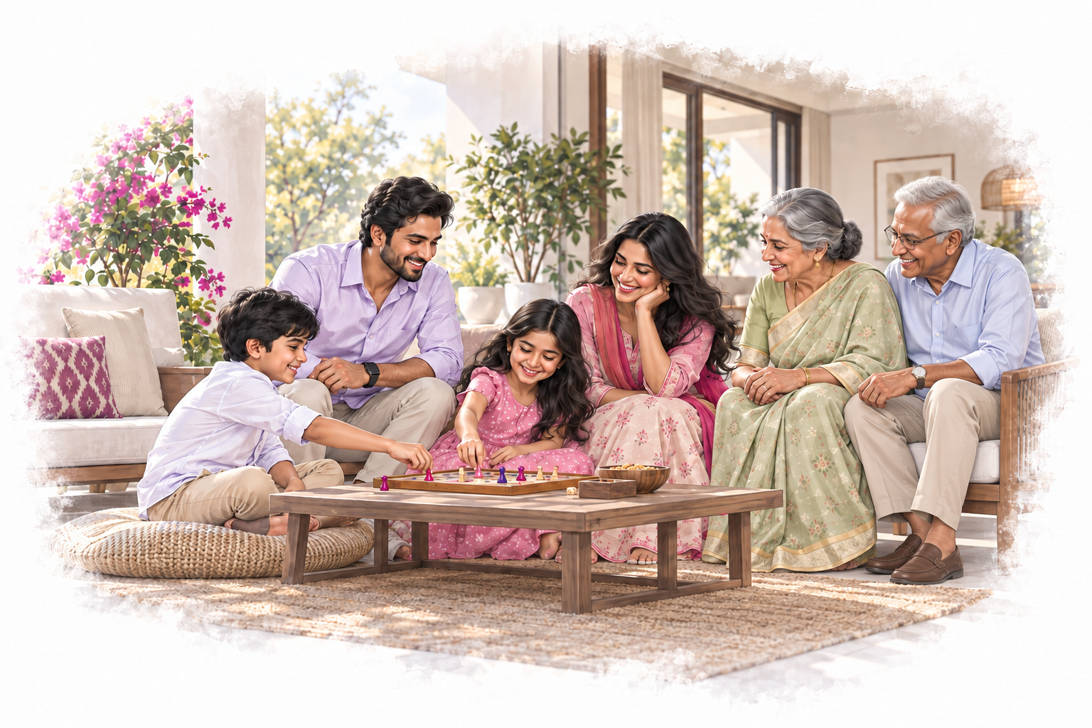 Illustration of parents, children and both grandparents enjoying a board game together at home.