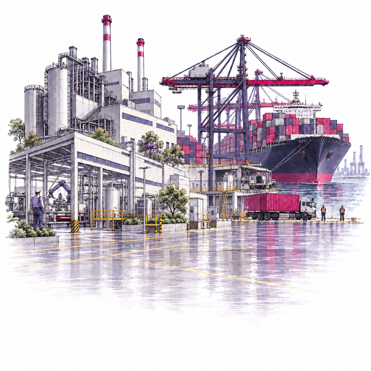 Illustration of industrial facilities, machinery, port cranes and export shipping.