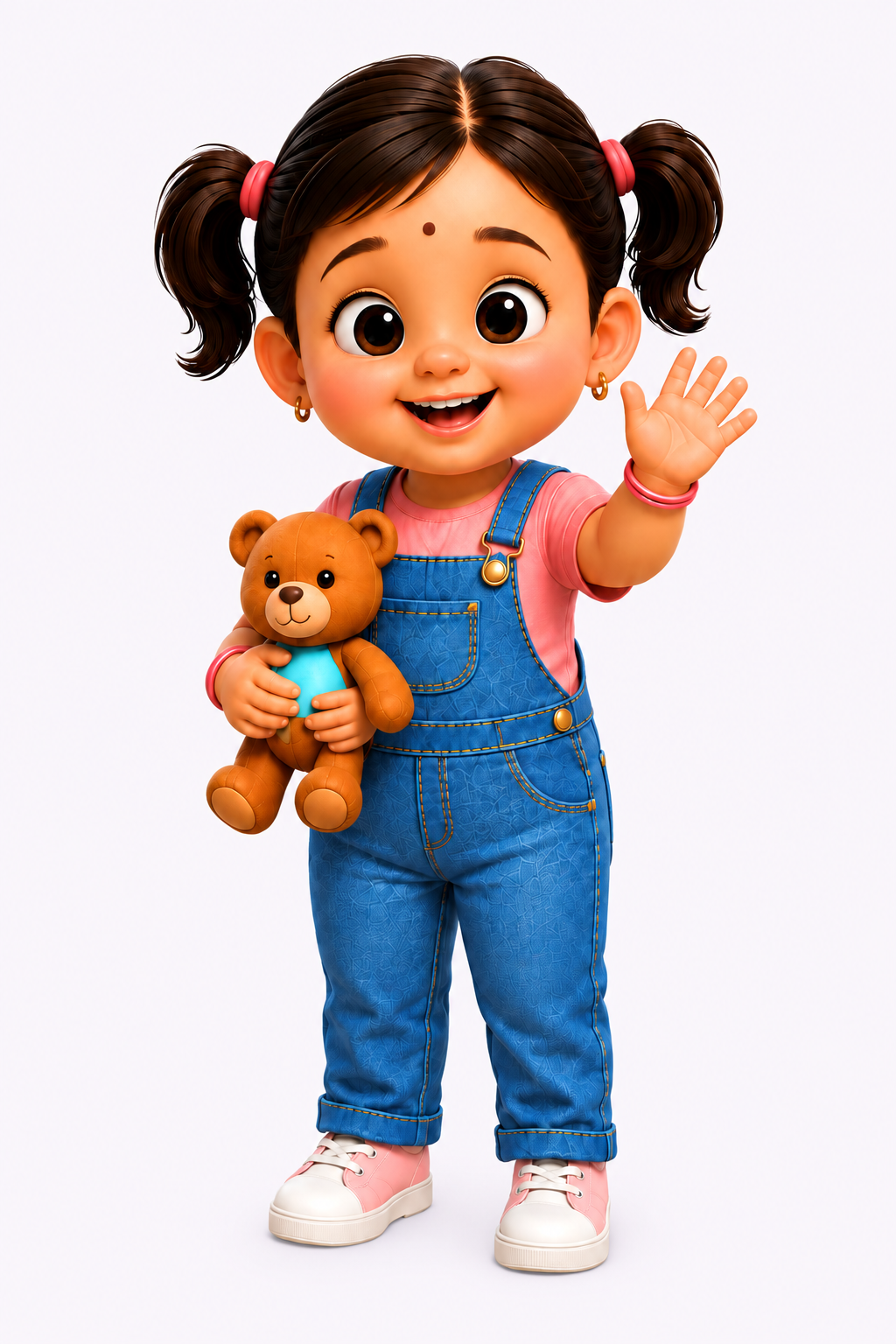 Zeni, Zenisk's young mascot, waving while holding her teddy bear.